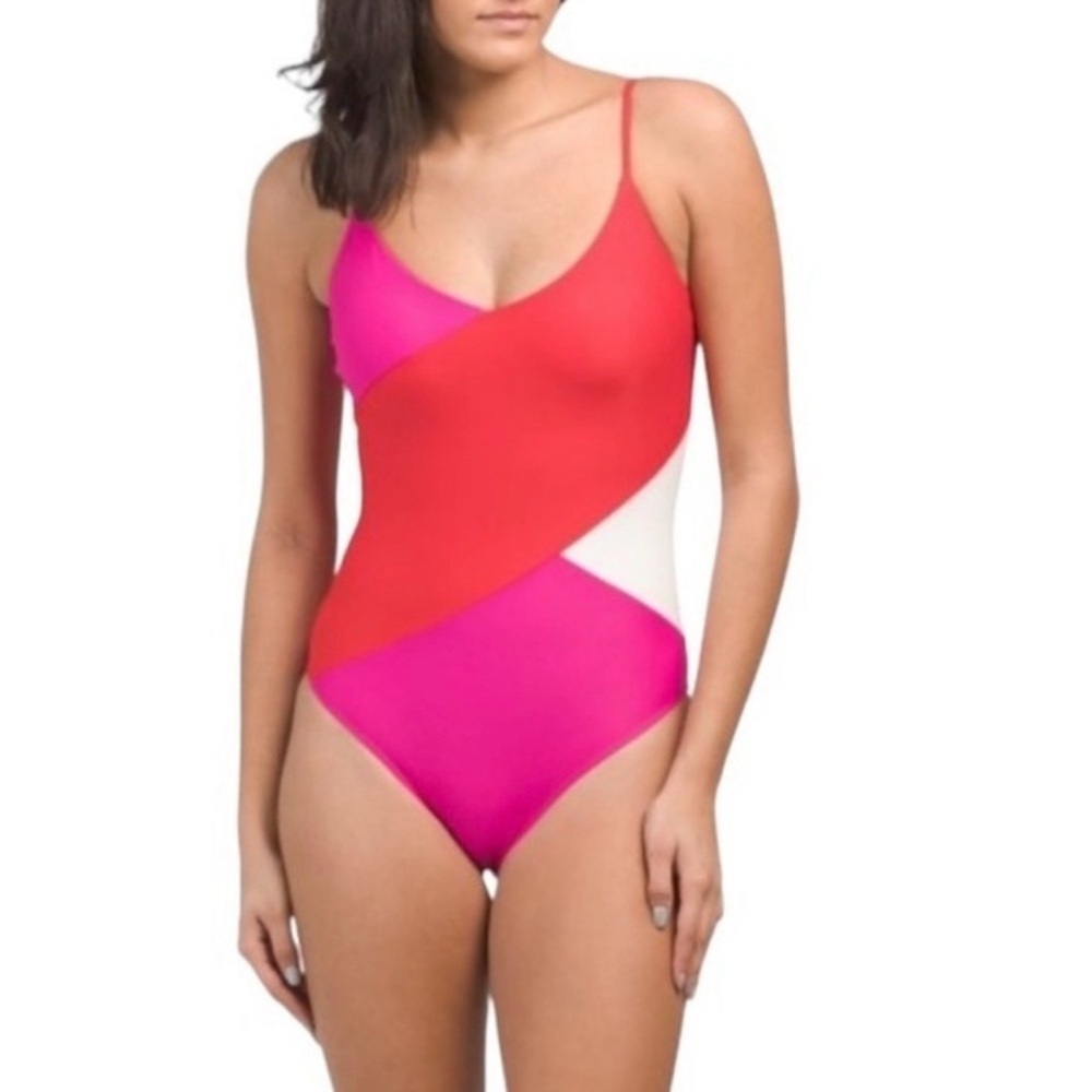 Summersalt-The Marina-One Piece-Colorblock-Swimsuit-Red-Pink-Ivory-Size 10